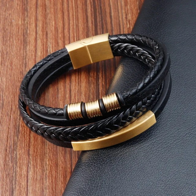 Factory Supplier Custom Stainless Steel Leather Bracelet Brown for Men