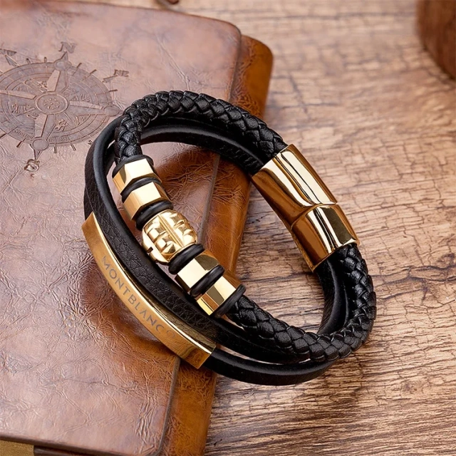 3 Strand Black Braided Leather Bracelet Wristband Steel Gold Ornaments