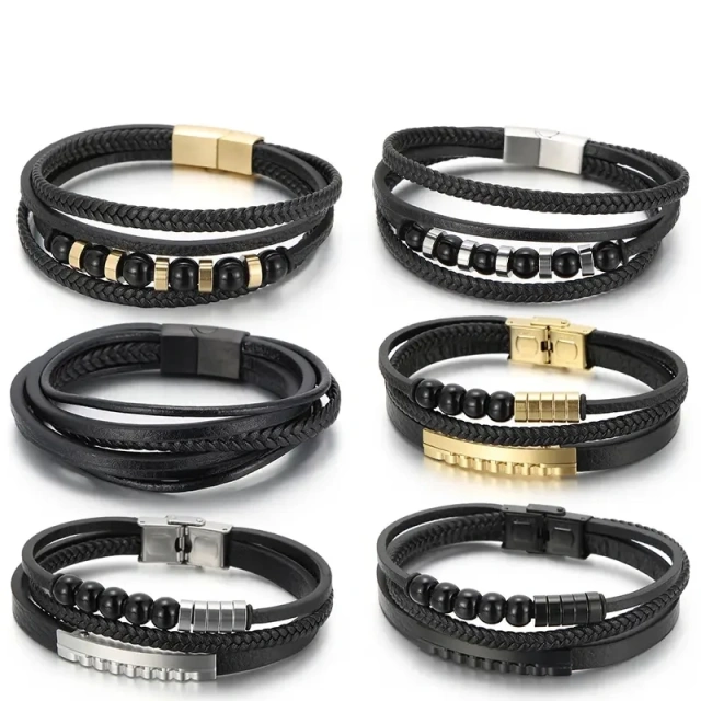 Magnetic Clasp Cowhide Leather Bangle Bracelet Stainless Steel Braided Leather Bracelet Multilayer for Men