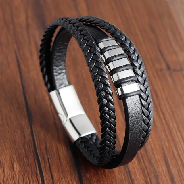 2023 Fashion Gifts Braided Design Classic Stainless Steel Christian Cross Black Men's Leather Bracelet for 19 21 Cm