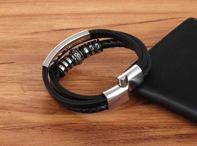Wholesale Genuine Leather Men Bracelet High Quality 316l Stainless Steel Multi Layer Bracelet Jewelry