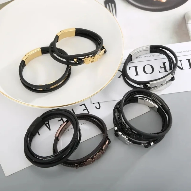 Magnetic Clasp Cowhide Leather Bangle Bracelet Stainless Steel Braided Leather Bracelet Multilayer for Men
