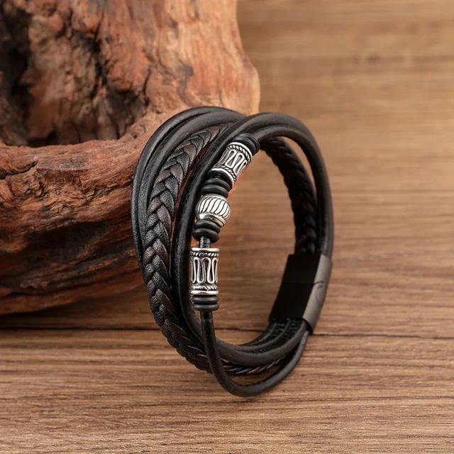 High Quality Punk Braided Wrap Leather Bracelet Handmade Beads Bracelet Men Luxury Silver Metal Tube Multilayer Leather Bracelet