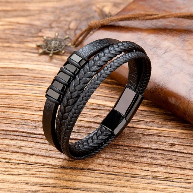 Men's Multi-Strand Braided Leather Chain Bracelet with Magnetic Closure