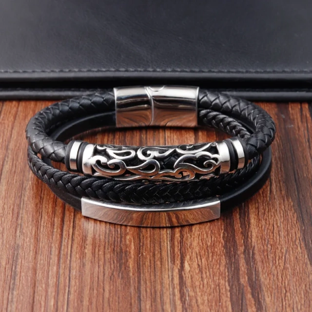 Handmade Stainless Steel Men's Bracelets with Gold Plating Custom Leather Strand Bracelets for Anniversaries