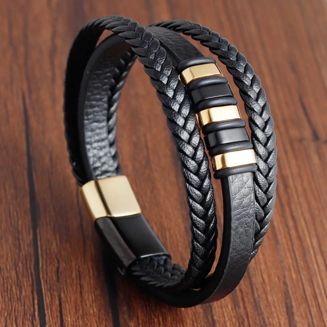 2023 Fashion Gifts Braided Design Classic Stainless Steel Christian Cross Black Men's Leather Bracelet for 19 21 Cm