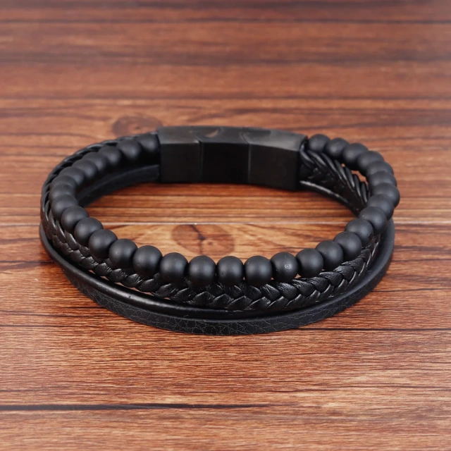Braided Bracelet Natural Stone Lava Volcanic Stone Stainless Steel Bracelet Black Leather Bracelet for Men
