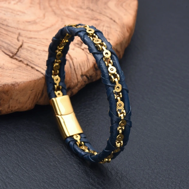 Factory Fashion Jewelry Leather Bracelet Waterproof Gold Black Stainless Steel Bracelet for Men