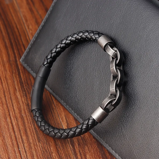 Titanium Steel Men Leather Bracelet 316L Stainless Steel Braided Black Mens Leather Bracelet Engrave logo Accepted