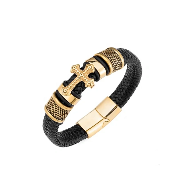 Personalised Wholesale Stainless Steel Gold Bracelet Men Leather