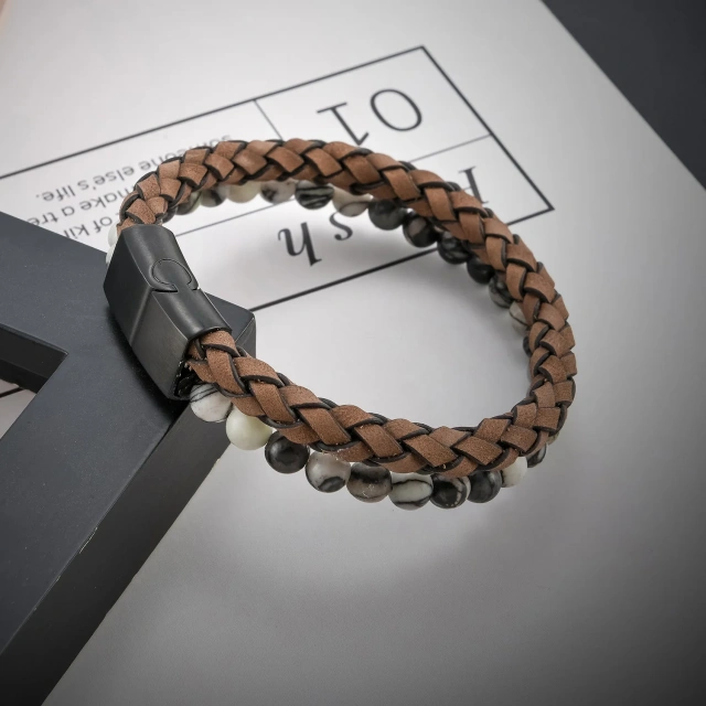 Double Layers Braided Leather Wrap Bracelets Lava Tiger Eye Natural Stone Beaded Bracelet Magnetic Clasp Leather Bracelet for Me