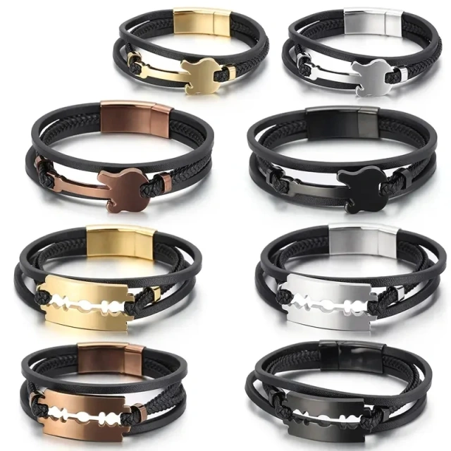Magnetic Clasp Cowhide Leather Bangle Bracelet Stainless Steel Braided Leather Bracelet Multilayer for Men