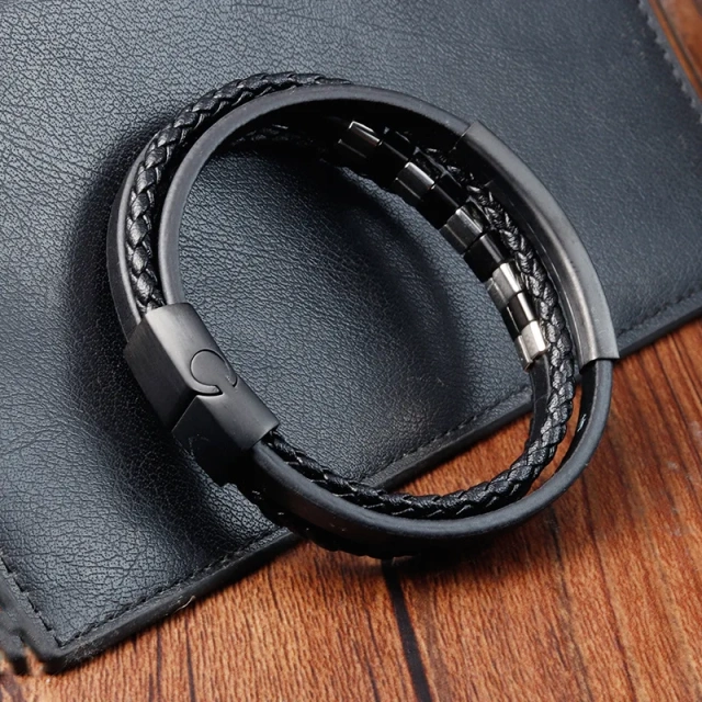 Handmade Multi Layer Braided Genuine Leather Bracelet Pvd Black Stainless Steel Magnetic Clasp Leather Bracelet Men's Jewelry