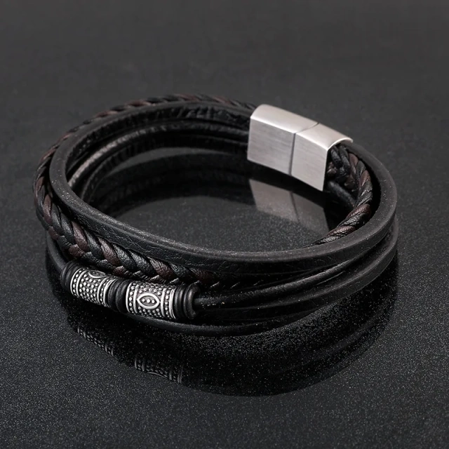 Engraved logo Multi Layer Leather Bracelet Men Vintage Pu Leather Bracelet