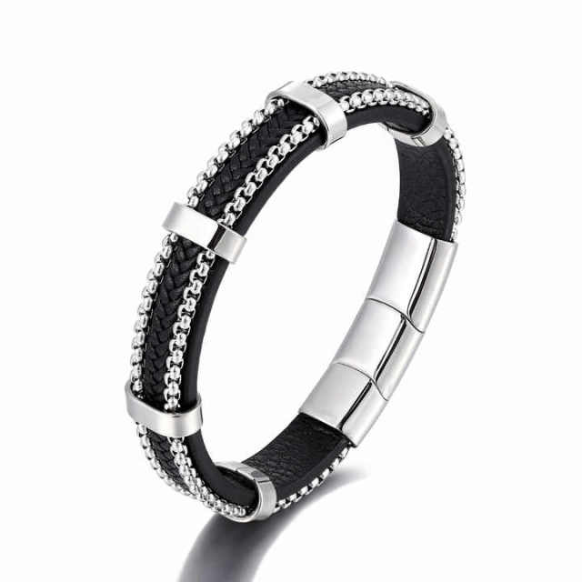 High Quality Fashion Jewelry Custom 21cm Black Stainless Steel Bracelet for Men Leather Bracelet