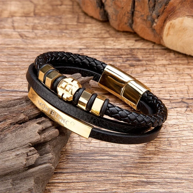 3 Strand Black Braided Leather Bracelet Wristband Steel Gold Ornaments