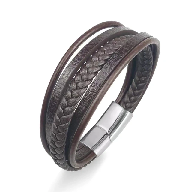 Factory Pu Men's Leather Alloy Magnetic Clasp Bracelet With Cowhide Rope Braided Leather Bracelet
