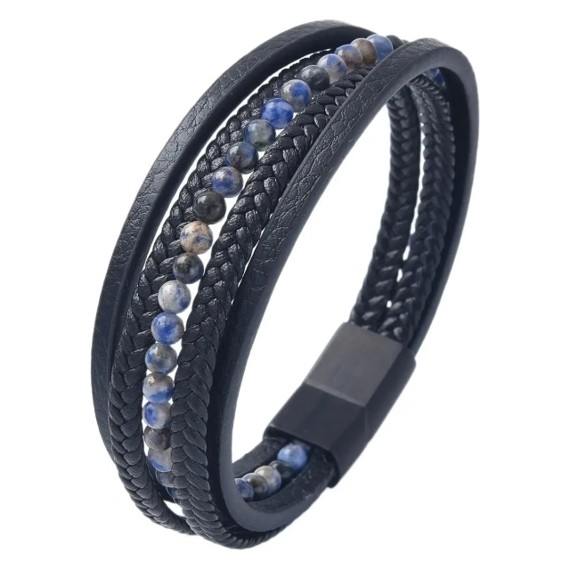 Fashion Jewelry Custom Natural Stone Black Men Leather Bracelet Stainless Steel Bracelet Multi-layer Braided Hand Rope
