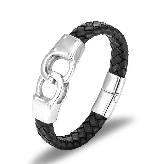 New Fashion Hand Woven Black Leather Rope With Stainless Steel Bracelet Men With Diy Laser Customized Words Beads