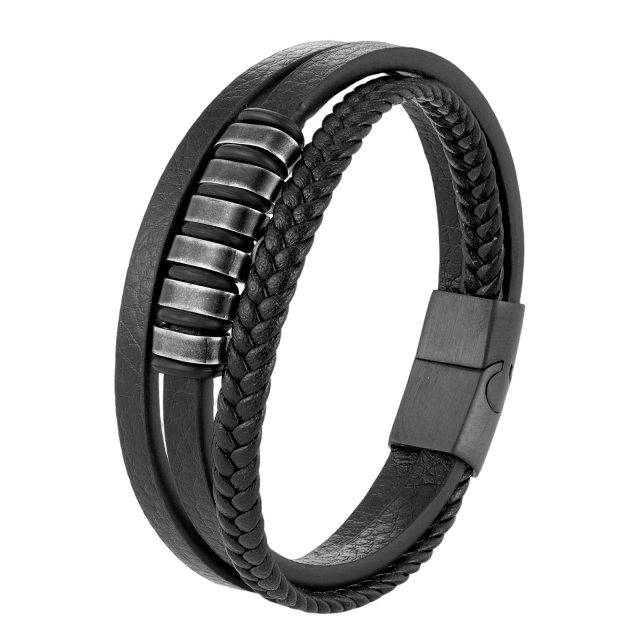 Classic Black Bracelet Wristband Magnetic Clasp Multi Layer Braid Leather Bracelet for Men Gift