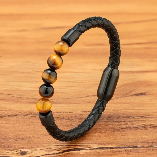 Men's Fashion Stainless Steel Leather Bracelets Black Beaded Bangle Wrap Wristband for Wedding Parties and Gifts