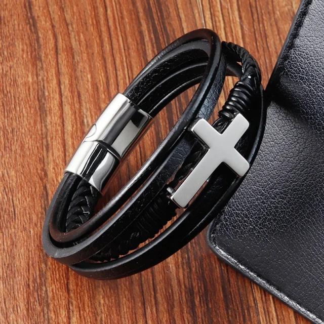 Designer Jewelry Custom Braided Cross Bracelet Magnetic Clasp Men Genuine Leather Bracelet Stainless Steel Magnetic Clasp Chain