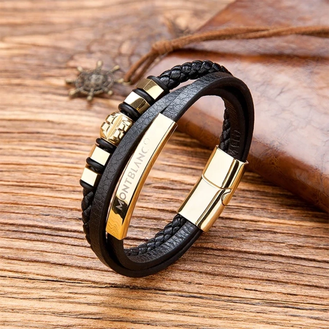 3 Strand Black Braided Leather Bracelet Wristband Steel Gold Ornaments