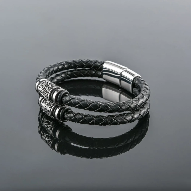 Hot Selling Stainless Steel Man Bracelet Magnetic Clasp Double Layer Braided Leather Rope Wrap Bracelet for Men
