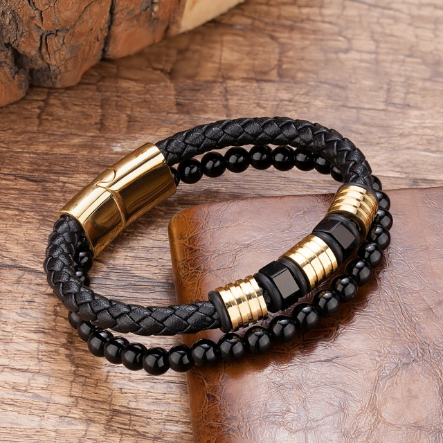 2023 Ouyuan Fashion Jewelry Stainless Steel Jewelry Custom Multi Layers Black Bracelet for Men Braided Leather Bracelet