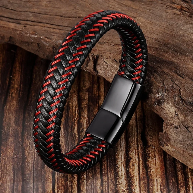Stock Mens Leather Bracelet With Magnetic Clasp Multi-layer Braided Leather Mens Bracelet for Men