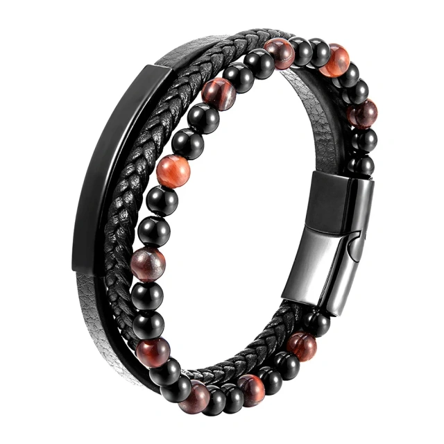 Punk Fashion Black Volcanic Stone Mens Trendy Bracelet High Quality Bracelets Man Natural Stone Bead Leather and Steel Bracelets