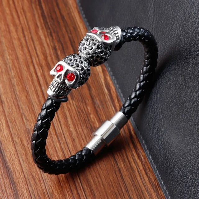 Personalized Stainless Steel 21CM Leather Braided Bracelet Black Skull Wrap Bracelet Skull Bracelets for Men