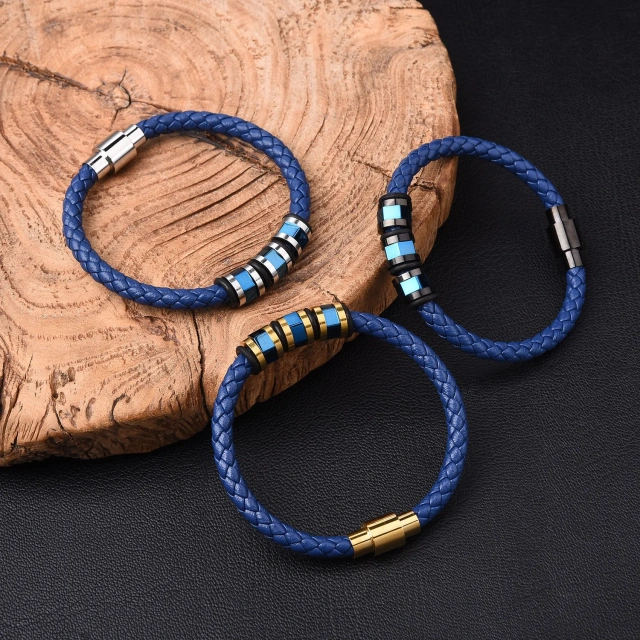 Luxury Fashion Jewelry Stainless Steel Bracelet for Men Women Can Be Carved logo Black Blue Gold Leather Bracelet Braided