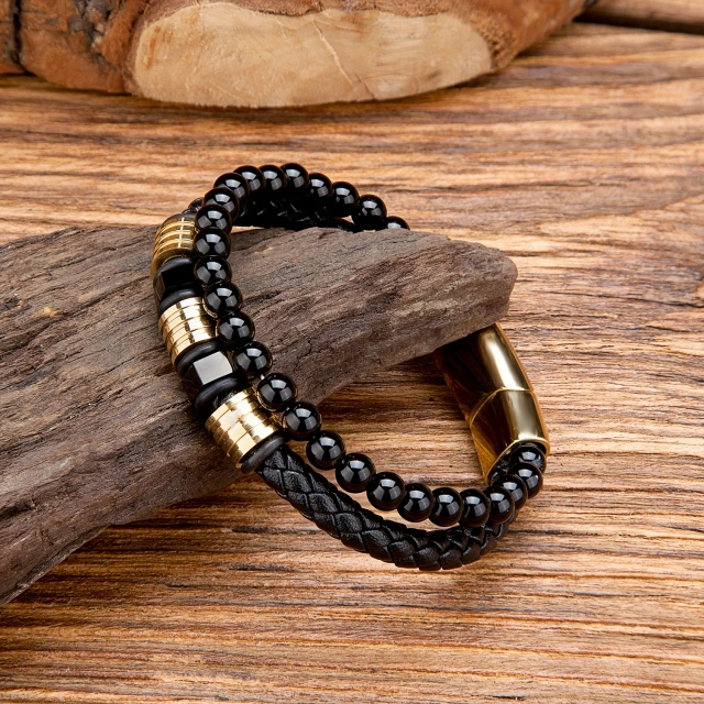 2023 Ouyuan Fashion Jewelry Stainless Steel Jewelry Custom Multi Layers Black Bracelet for Men Braided Leather Bracelet