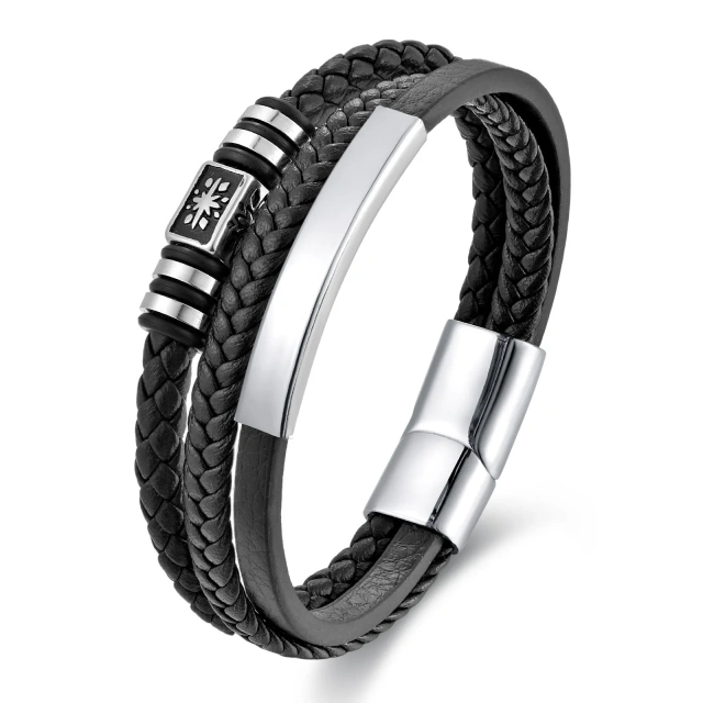 New Design High Quality Stainless Steel Men Bracelet Genuine Leather Braided Bracelet With Custom Logo