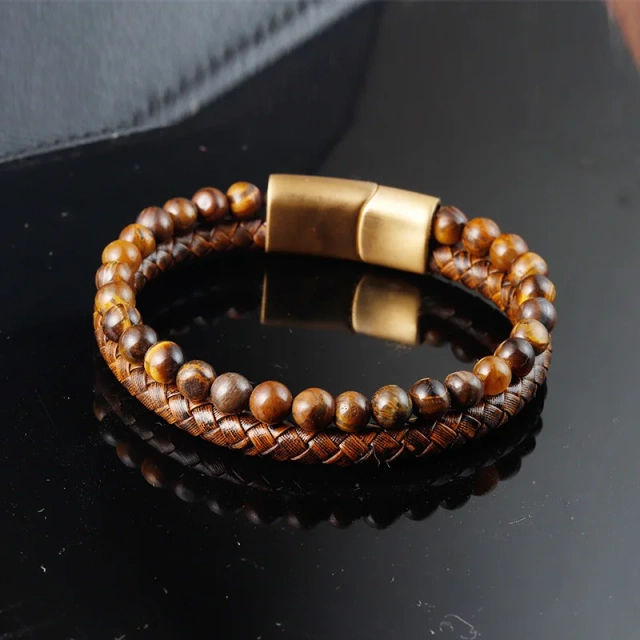 Retro Multi-layered Braided Yellow Tiger Stone Beaded Stainless Steel Leather Bracelet for Men Versatile Fashion Jewelry