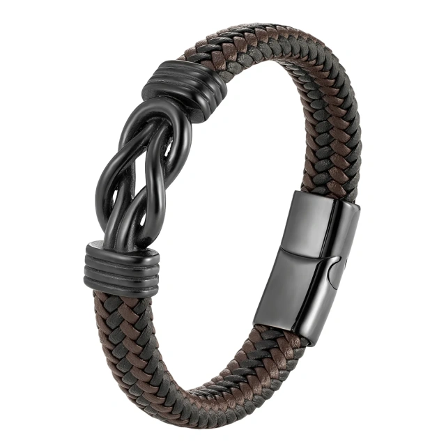 Spot Sale Punk Stainless Steel Knot Bracelet Men's Woven Brown and Black Leather Bracelet