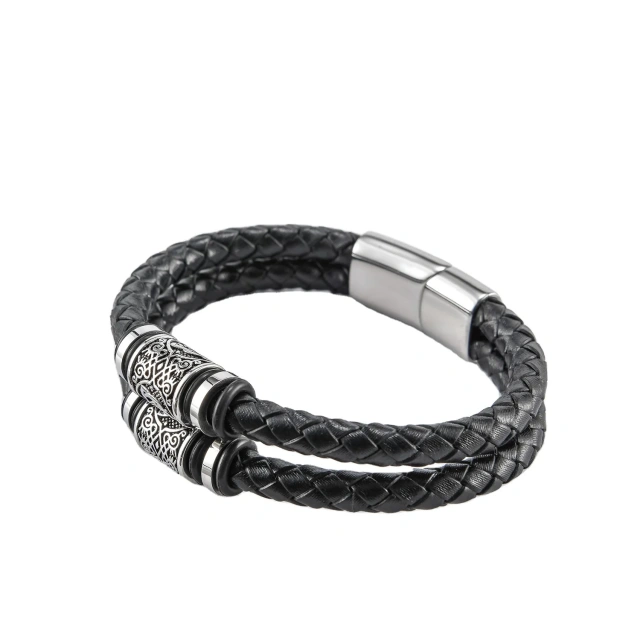 Hot Selling Stainless Steel Man Bracelet Magnetic Clasp Double Layer Braided Leather Rope Wrap Bracelet for Men