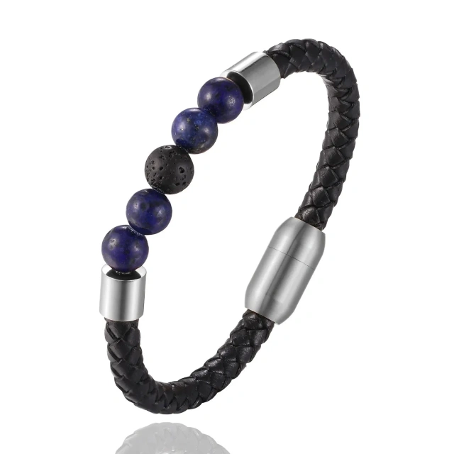Fashion Stainless Steel Men Leather Bracelet Natural Stone Beads and Leather Bracelet Men Jewelry