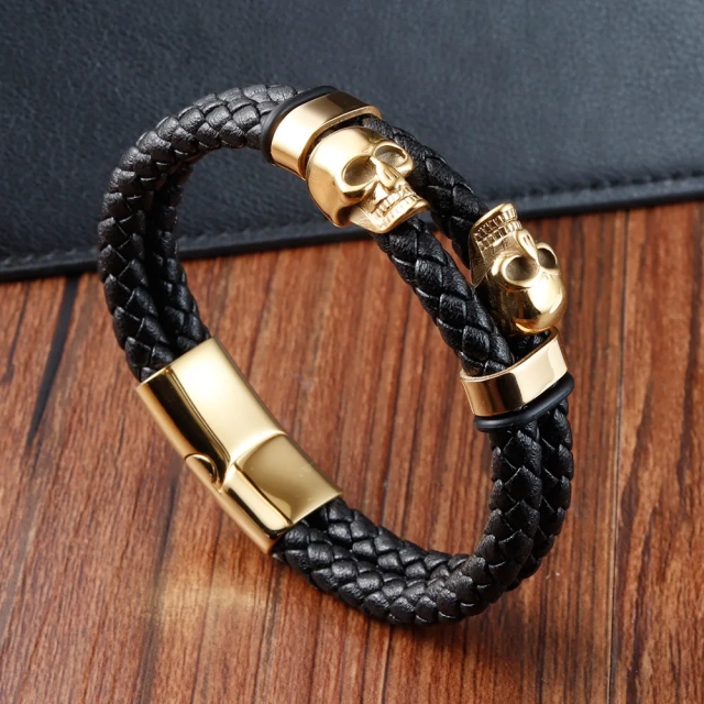 High Quality Custom Stainless Steel Clasp Black Braided Cord Handmade Rope Leather Bracelet for Men