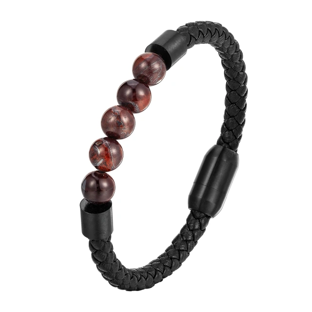 Fashion Stainless Steel Men Leather Bracelet Natural Stone Beads and Leather Bracelet Men Jewelry