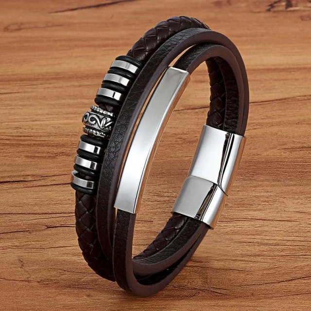Wholesale Genuine Leather Men Bracelet High Quality 316l Stainless Steel Multi Layer Bracelet Jewelry
