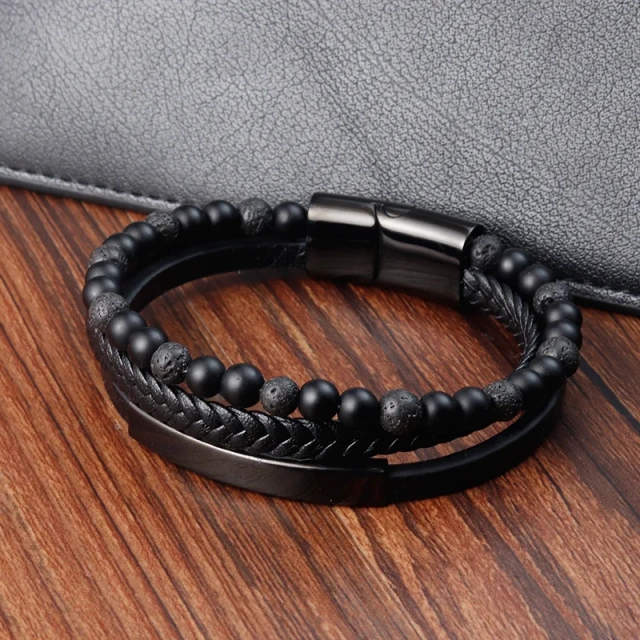 Punk Fashion Black Volcanic Stone Mens Trendy Bracelet High Quality Bracelets Man Natural Stone Bead Leather and Steel Bracelets