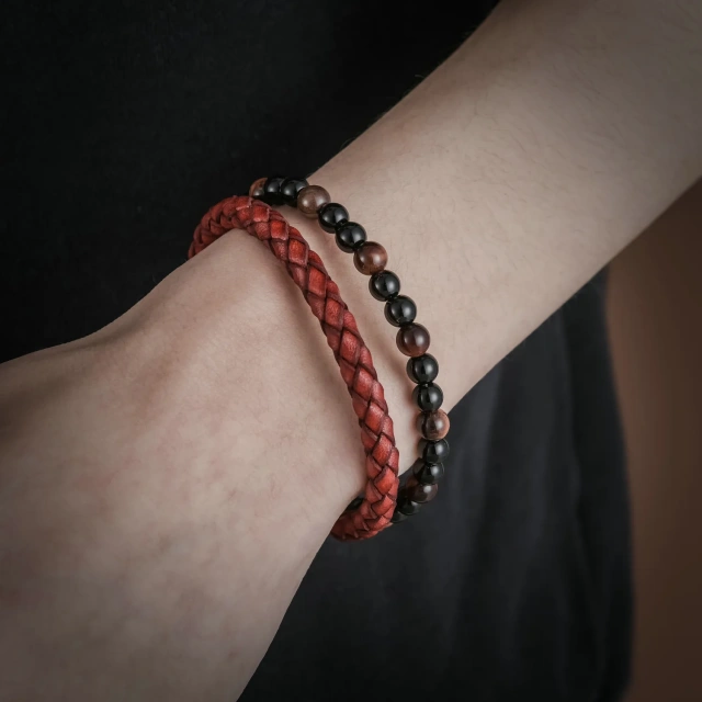 Men's Fashion Woven Leather Stainless Steel Bracelet with Natural Stone Beads and Pearl New Style Rope Design