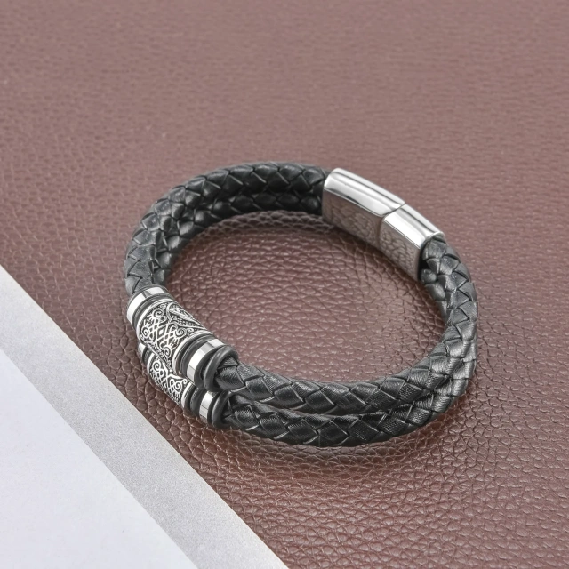 Hot Selling Stainless Steel Man Bracelet Magnetic Clasp Double Layer Braided Leather Rope Wrap Bracelet for Men