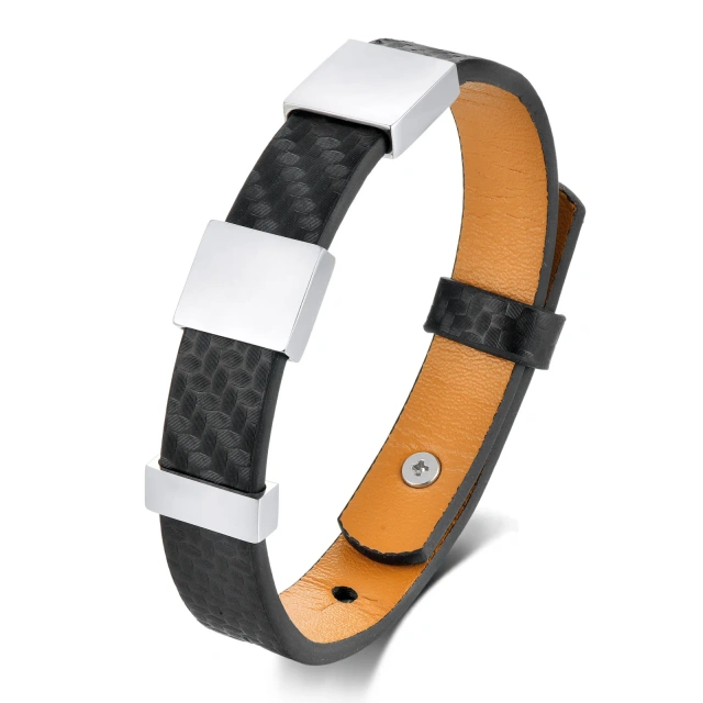 Simple Smooth Stainless Steel Cowhide Bracelet for Men Unique Leather Fashion Bangle with Laser Design