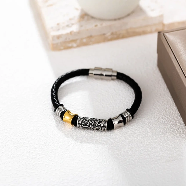 2023 New Punk Black Brown Braid Leather Bracelets Men Cool Stainless Steel Bracelets