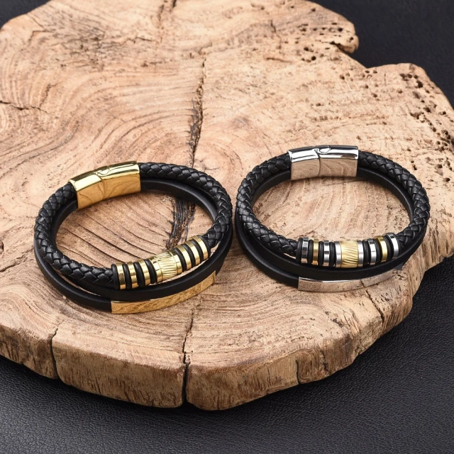 Fashion Stainless Steel Jewelry Leather Men Bracelet Waterproof Gold Silver Stainless Steel Bracelet for Men