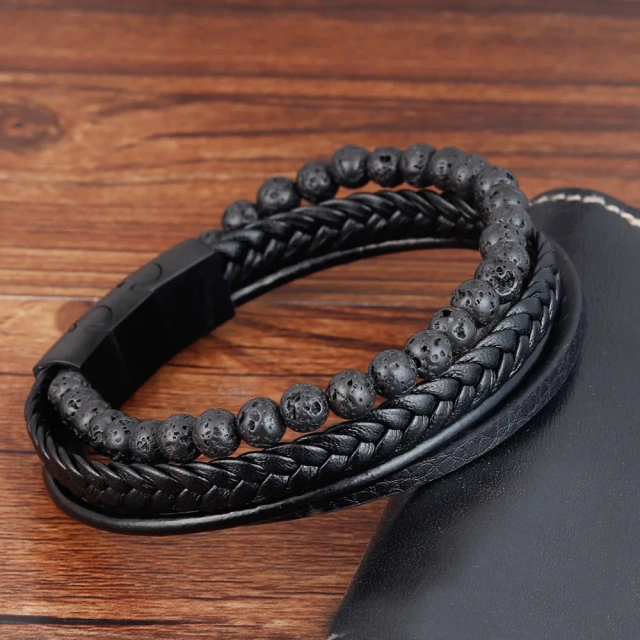 Braided Bracelet Natural Stone Lava Volcanic Stone Stainless Steel Bracelet Black Leather Bracelet for Men
