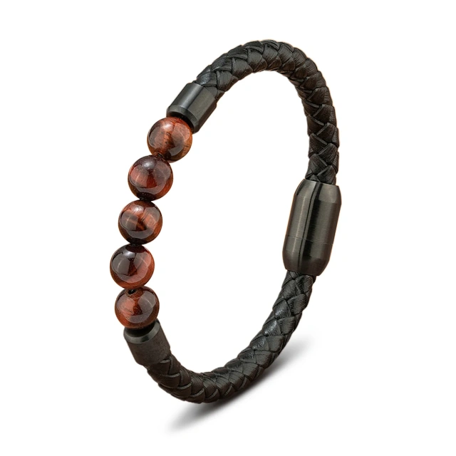 Men's Fashion Stainless Steel Leather Bracelets Black Beaded Bangle Wrap Wristband for Wedding Parties and Gifts